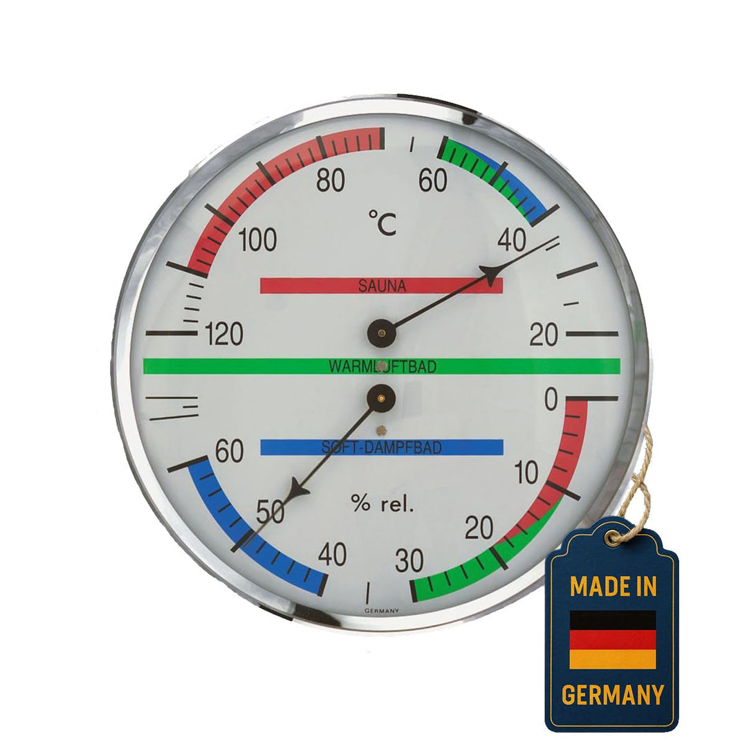 TFA Dostmann Analoges Sauna-Thermo-Hygrometer, mit Metallring, Temperatur, Luftfeuchtigkeit, ideal f
