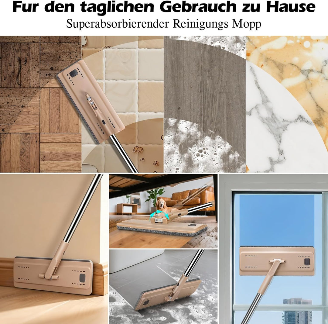 MASTERTOP Flach Mopp mit Eimer und 6 Mikrofaser Moppkopf, Hand-Frei Wischmop & Bodenwischer mit ausw