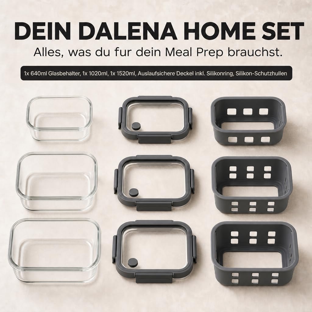 Meal Prep Boxen Set 1x640ml, 1x 1020ml, 1x1520ml – Borosilikatglas, auslaufsicher, stapelbar, mikrow