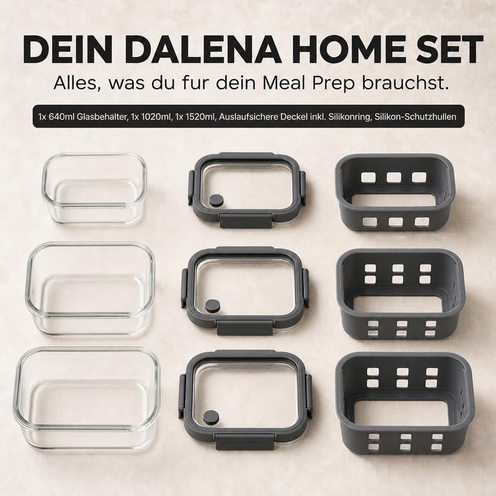Meal Prep Boxen Set 1x640ml, 1x 1020ml, 1x1520ml – Borosilikatglas, auslaufsicher, stapelbar, mikrow