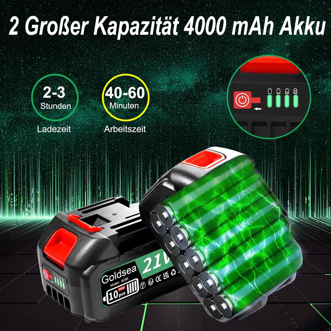 Goldsea Akku Kettensäge, 8 Zoll Mini Kettensäge mit Akku Öltank Max 21V 4.0Ah, Bürstenloser Motor, W