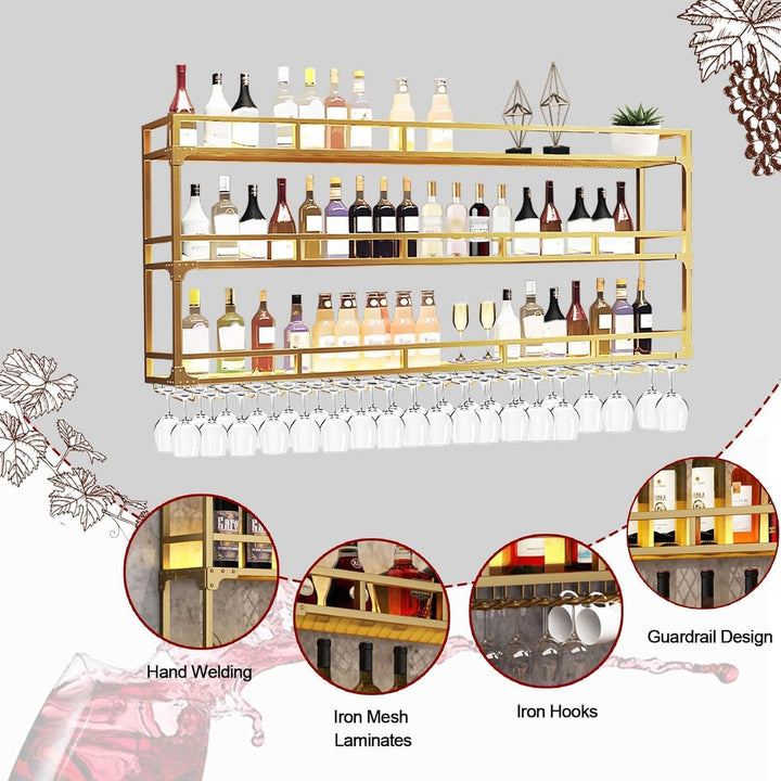 Weinregal Wand mit Glashalter, 3 Ebenen Weinpareite Display Rack, Metall Weinflasche Glashalter Wand