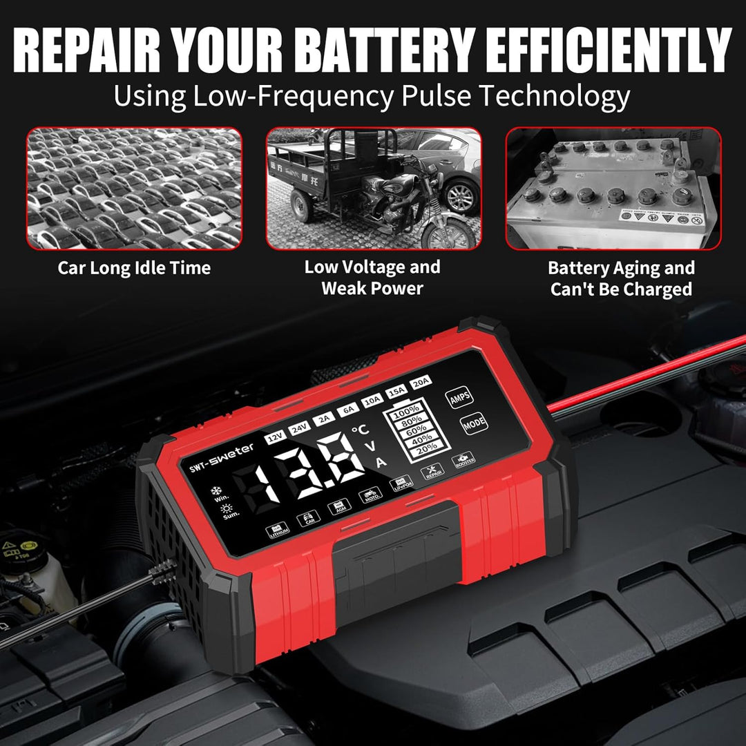 20A Car Battery Charger, 12V/24V Lifepo4 Lead Acid Battery Charger, Upgraded Automobile Smart Trickl