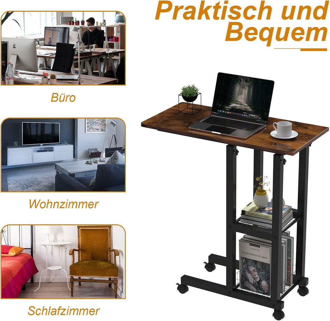 PIPIPOXER Beistelltisch mit Rollen Laptoptisch, Computertisch Höhenverstellbar Schreibtisch aus Holz