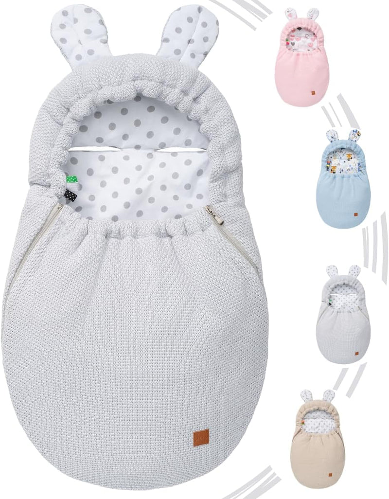 Mikos Einschlagdecke Babyschale Herbst Winter, Baby Fusssack mit Zip 100% Baumwolle GOTS Zert. Stric