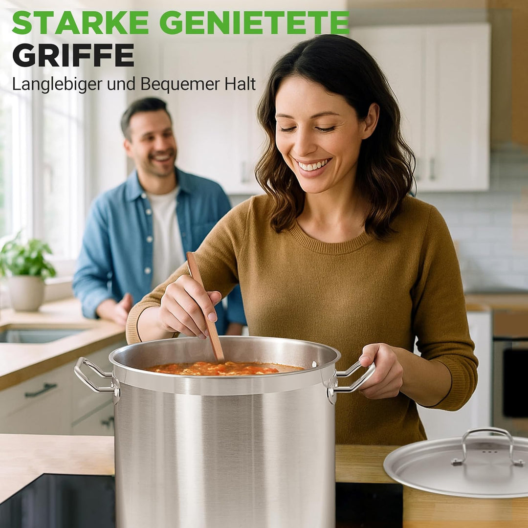 NutriChef Edelstahl Kochtopf 28,4L Induktion – Suppentopf mit Deckel, Profiqualität für Gastronomie