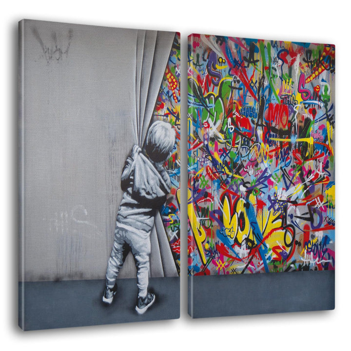 Giallobus - Grosse Gemälde im XXL-Format - Banksy - Street Art - Kind öffnet den Vorhang - Leinwand