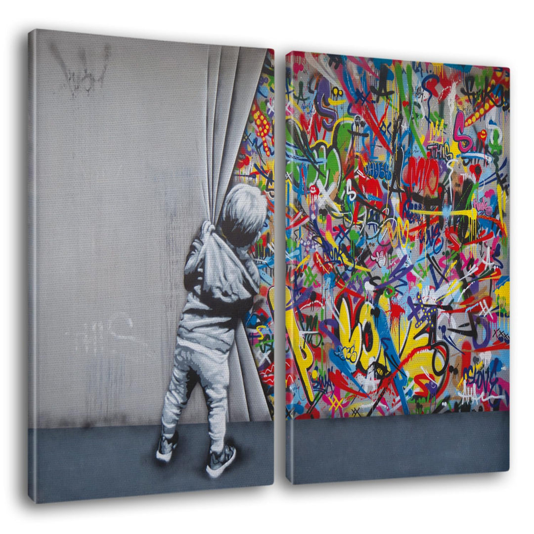 Giallobus - Grosse Gemälde im XXL-Format - Banksy - Street Art - Kind öffnet den Vorhang - Leinwand