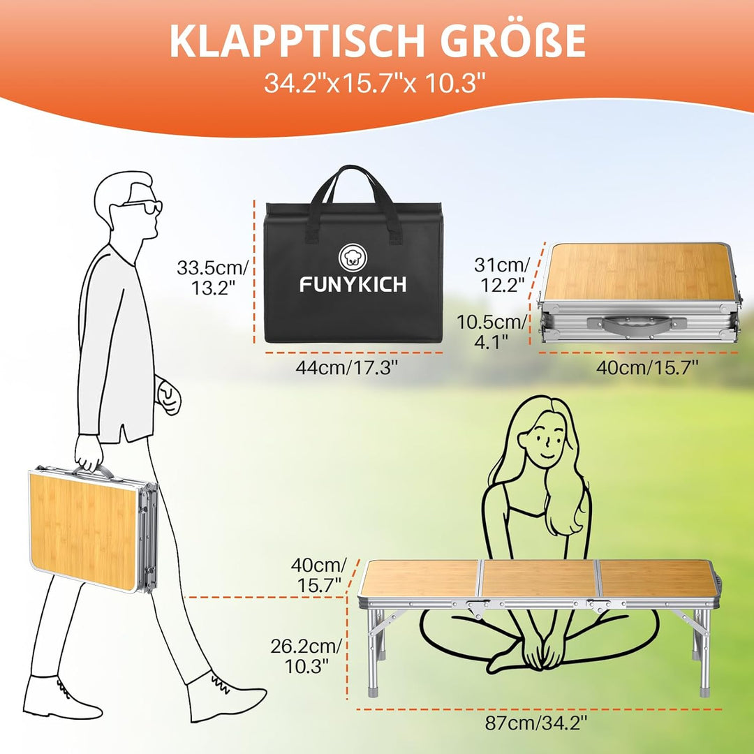 FUNYKICH 3ft Klappbarer Campingtisch 87x40x26cm, Kleiner Faltbarer Klapptisch mit Tragetasche, Alumi