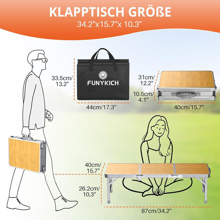 FUNYKICH 3ft Klappbarer Campingtisch 87x40x26cm, Kleiner Faltbarer Klapptisch mit Tragetasche, Alumi