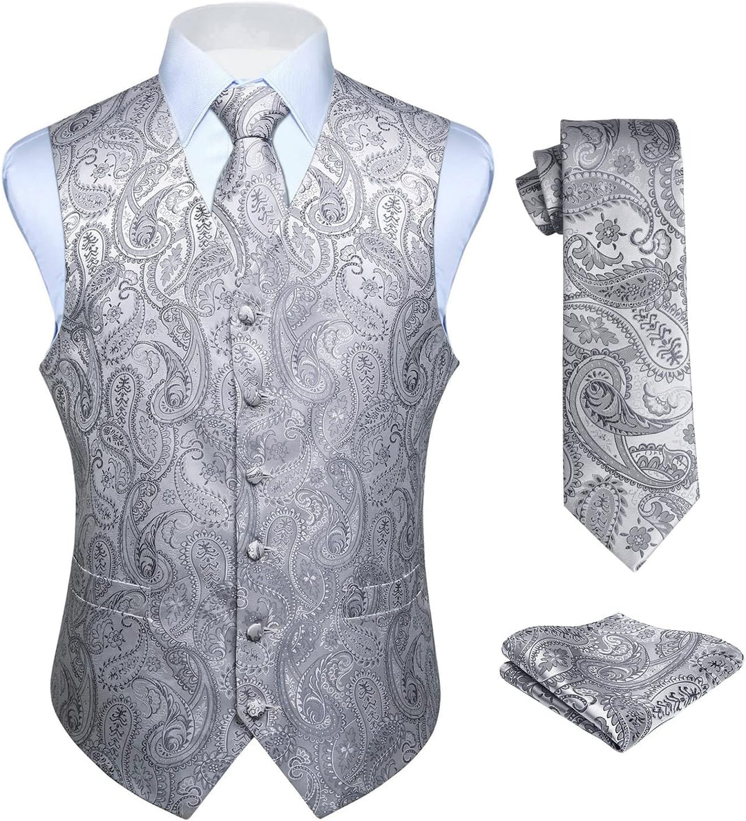HISDERN Herren FLoral Hochzeit Weste Krawatte Einstecktuch Taschentuch Jacquard Weste Anzug Set XS G