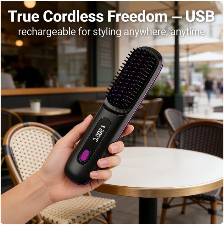 Stylingbürste für kurze Haare Elektrisch, 3-in-1 Kabelloser Haarglätter mit LED Display & Keramiksch