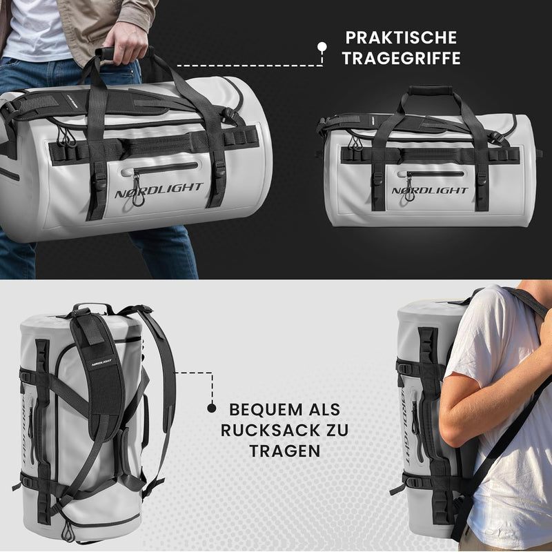 Wasserfeste Reisetasche Duffle Bag 60L - mit Rucksackfunktion (Anthrazit) | Praktische Aussen- und I