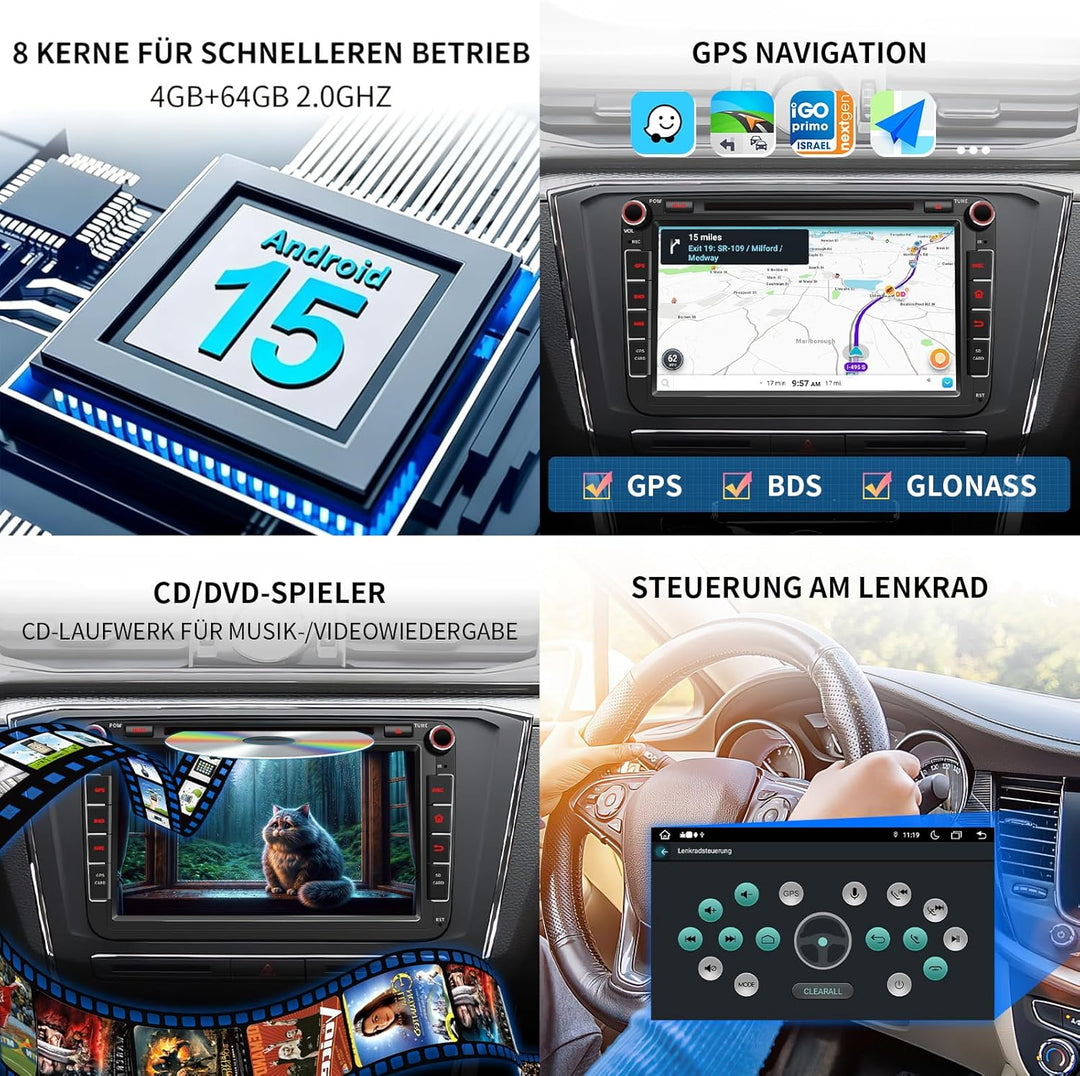 QIIKEN 8" 4G+64G Android 13 Autoradio mit Navi für VW T5 Golf 5 6 Polo Sharan Seat Passat Tiguän, Do
