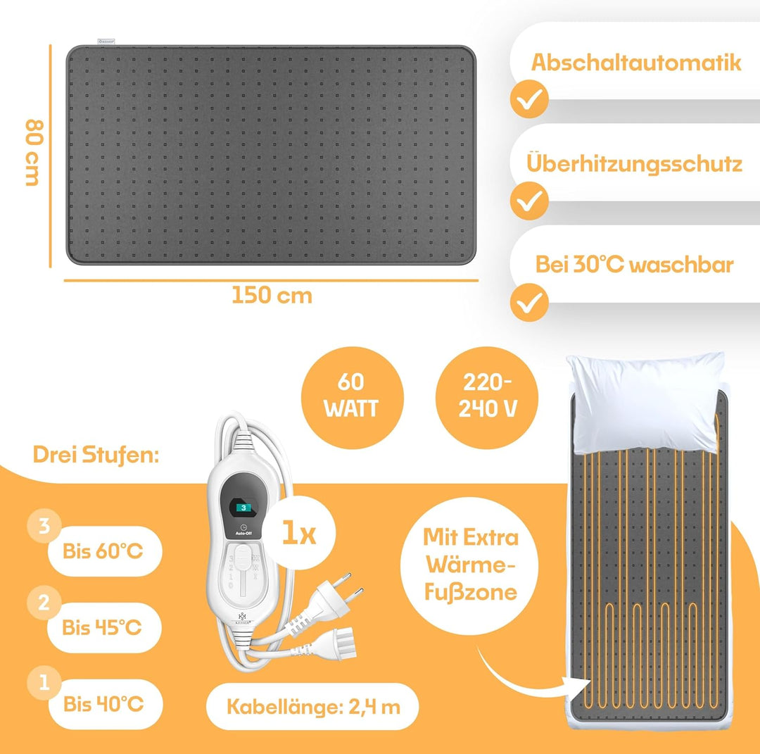 KESSER® Doppel-Wärmeunterbett 160x140cm mit Abschaltautomatik 2 Temperaturzonen Fernbedienung | Heiz