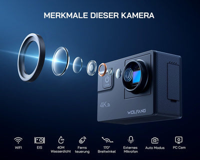 WOLFANG GA300 Action Cam 4K 60FPS Unterwasserkamera WiFi 40M wasserdichte 2.0 EIS Bildstabilisator T