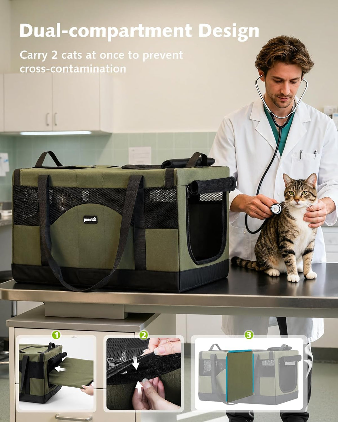 pecute Katzentransportbox für 2 Katzen Katzentasche Transporttasche Stabiler Haustier Tragetasche, T
