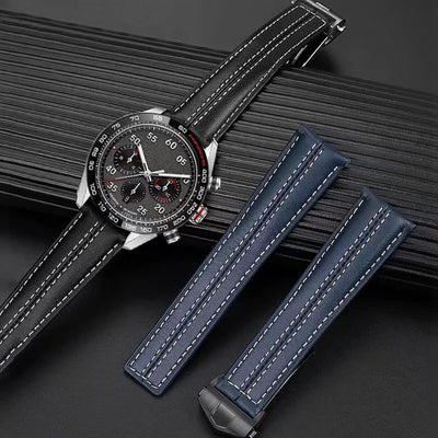 FOUUA Uhrenarmband 22mm for Tag Heuer Leder Echtleder-Uhrenarmband im Krokodil-Stil mit blauen Nähte