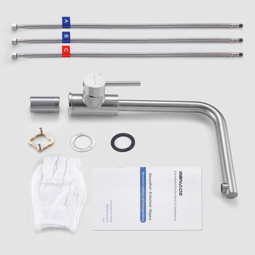 BONADE Niederdruck Armatur Küche aus Edelstahl 304, Küchenarmatur Niederdruck 360° Schwenkbare Misch