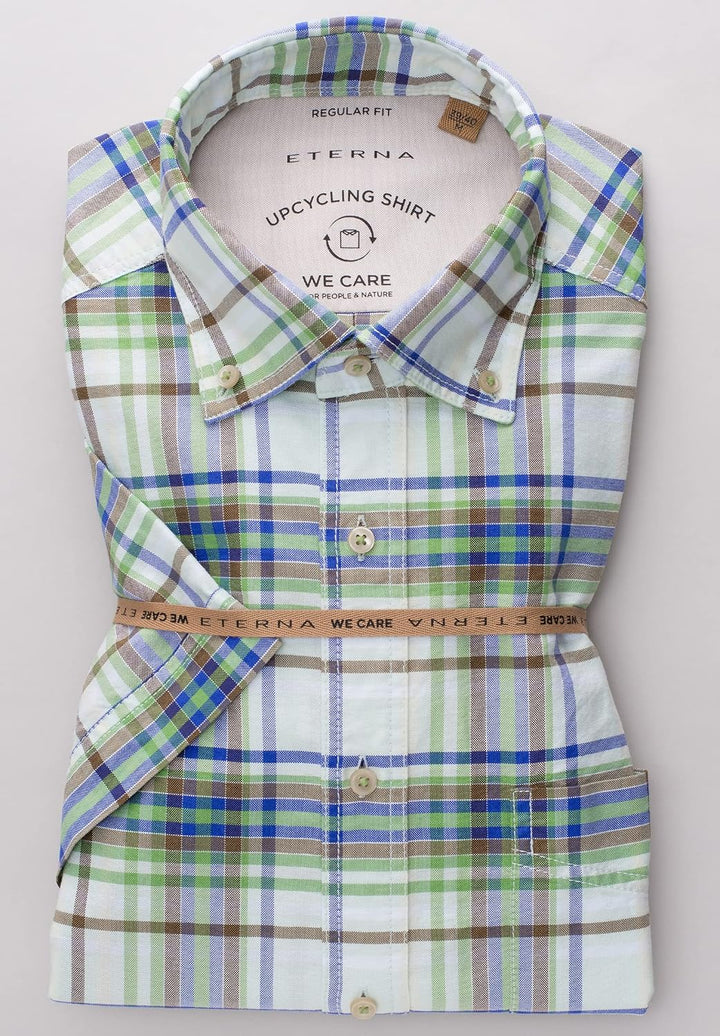 ETERNA Kurzarm Hemd, Regular fit, Upcycling Shirt, Oxford kariert W42, Länge kurzarm Grün, W42, L&amp;