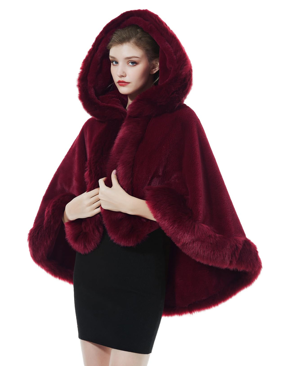 BEAUTELICATE Damen Kunstpelz Braut Umhang mit Kapuze Winter Braut Poncho Cape Kurz Warm Kunstpelz St