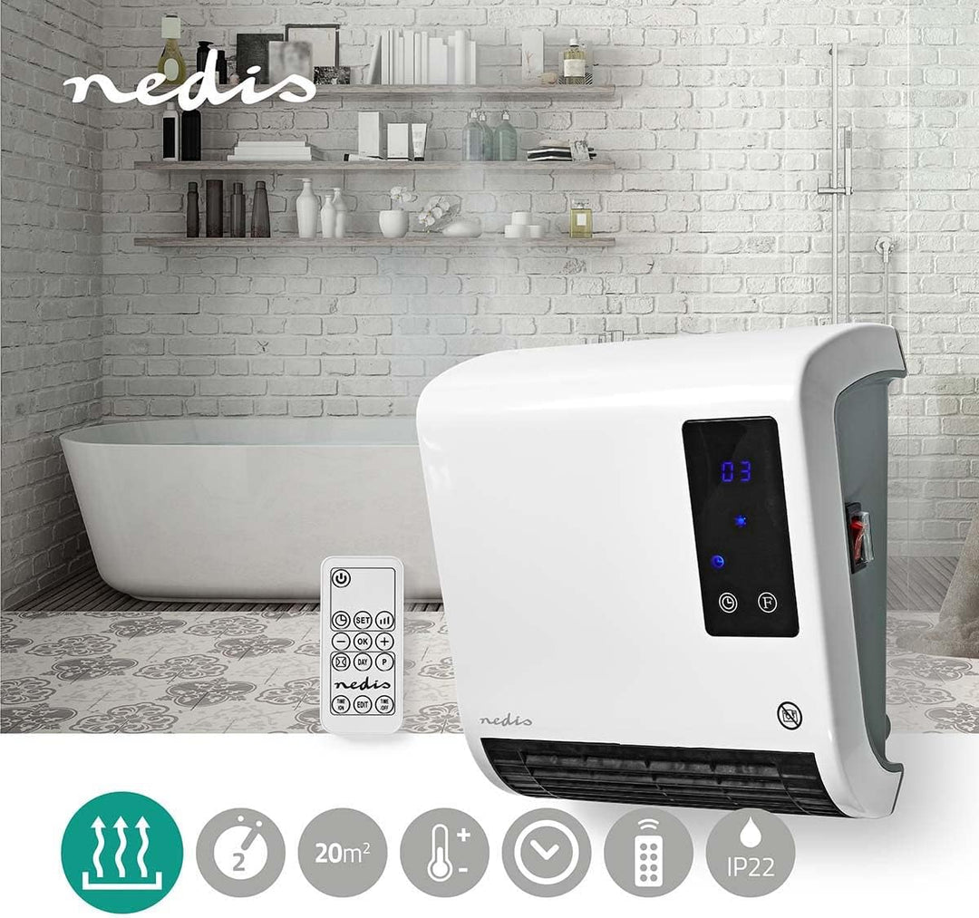 Nedis HTBA20WT Badezimmer-Heizung | 2000 W | Verstellbares Thermostat | 2 Heizstufen | Spritzwasserg