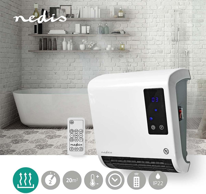 Nedis HTBA20WT Badezimmer-Heizung | 2000 W | Verstellbares Thermostat | 2 Heizstufen | Spritzwasserg