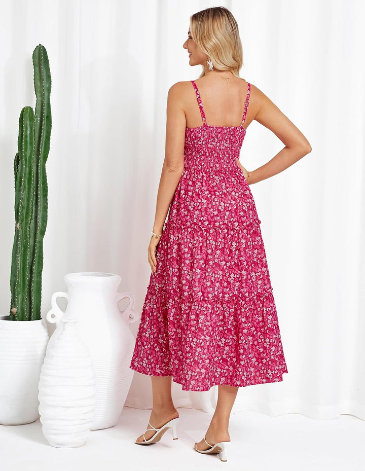 GRACE KARIN Damen Sommerkleid A-Linie Blumenkleid Casual Strandkleid Trägerkleid Midi Boho Kleid Fre