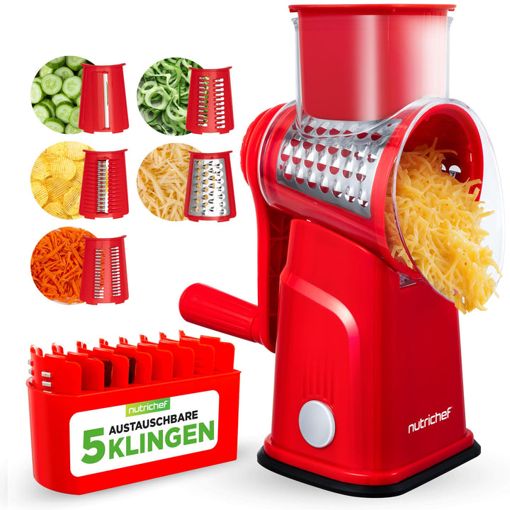NutriChef Käsereibe mit Kurbel - Gemüsereibe inkl. 5 Trommelblättern - Ideal für Käse Gurken Karotte