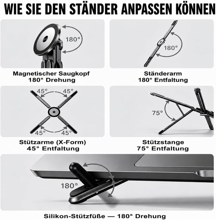 Faltbarer Laptop-Ständer mit N52 Magnet-Handyhalterung, 4-in-1 | Tragbarer Aluminium Computer-Stände