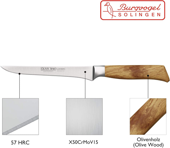 Burgvogel Solingen Ausbeinmbesser Flexibel 15 cm geschmiedet Olivenholz, Oliva Line, rostfrei, hell,