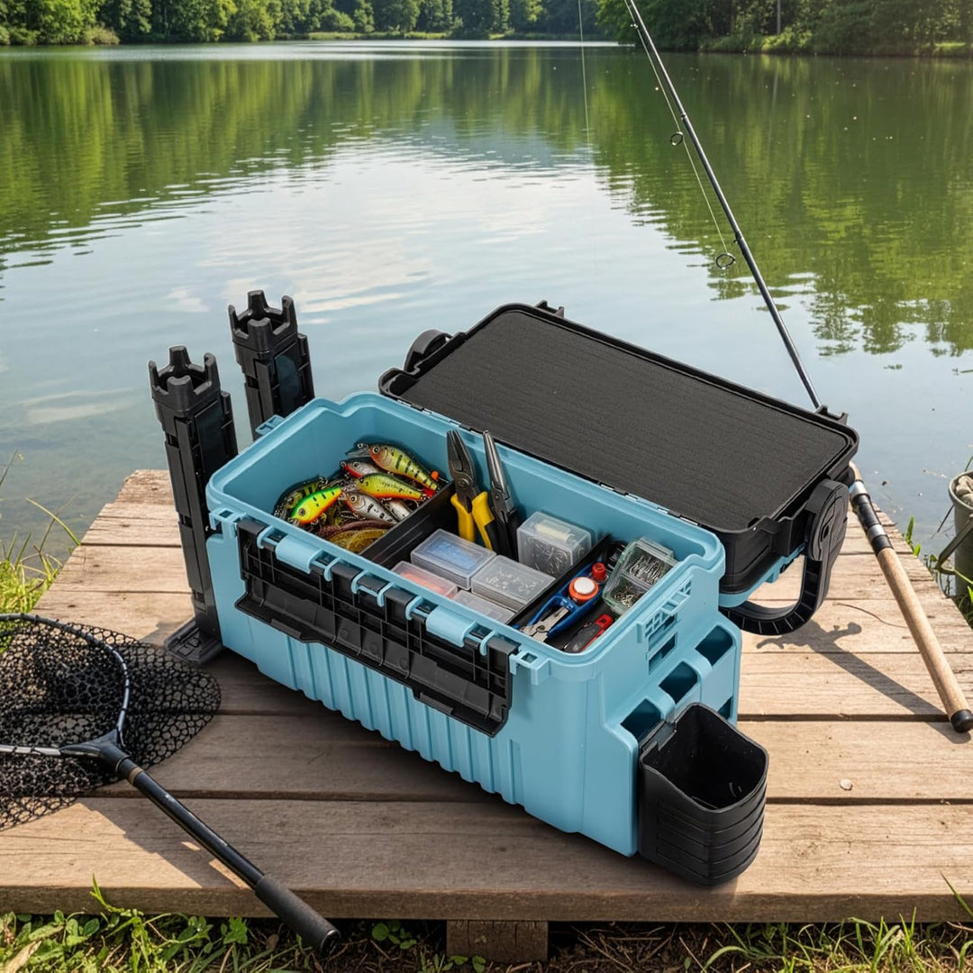2-stöckig Gross Angelkoffer Tackle Box mit Rutenhalter & Becherhalter, klappbarem Tragegriff, 43×23×