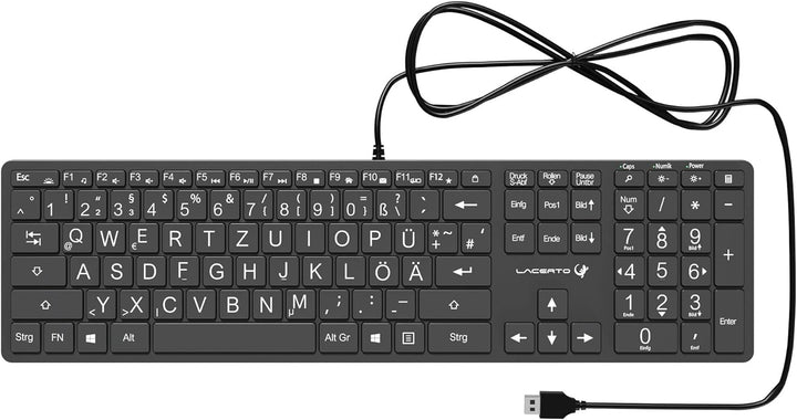 Lacerto® | Deutsche Tastatur (QWERTZ) mit grossen Buchstaben, weisser LED-Beleuchtung & USB-Anschlus