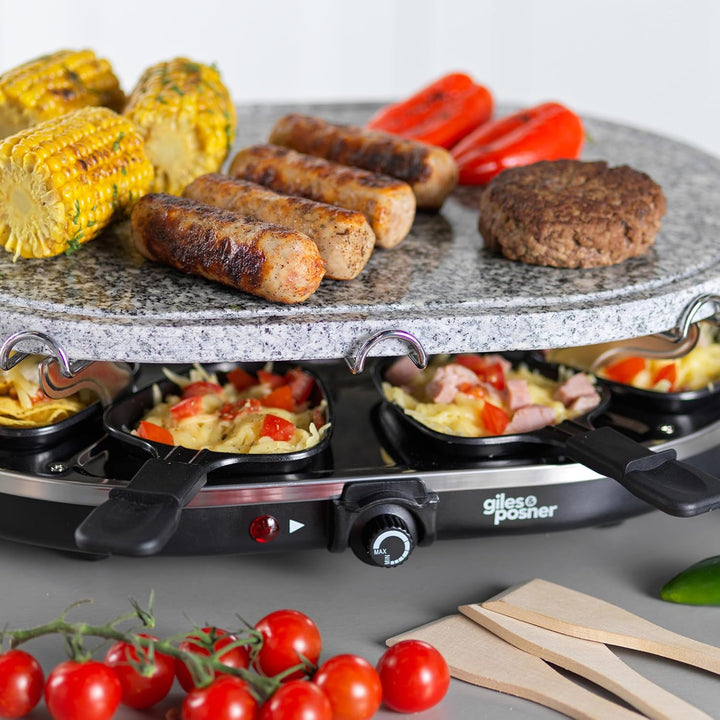 Giles & Posner 8-tlg. Tisch-Raclette-Grill – 1200W Steinplatte, 8 antihaftbeschichtete Pfännchen, 8