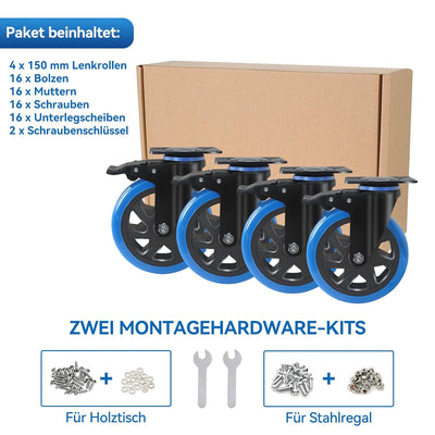 BAOLIHUI 150mm Schwerlastrollen Blau 4er Set Möbelrollen Bis zu 1000KG, 360 Grad Doppelverriegelung