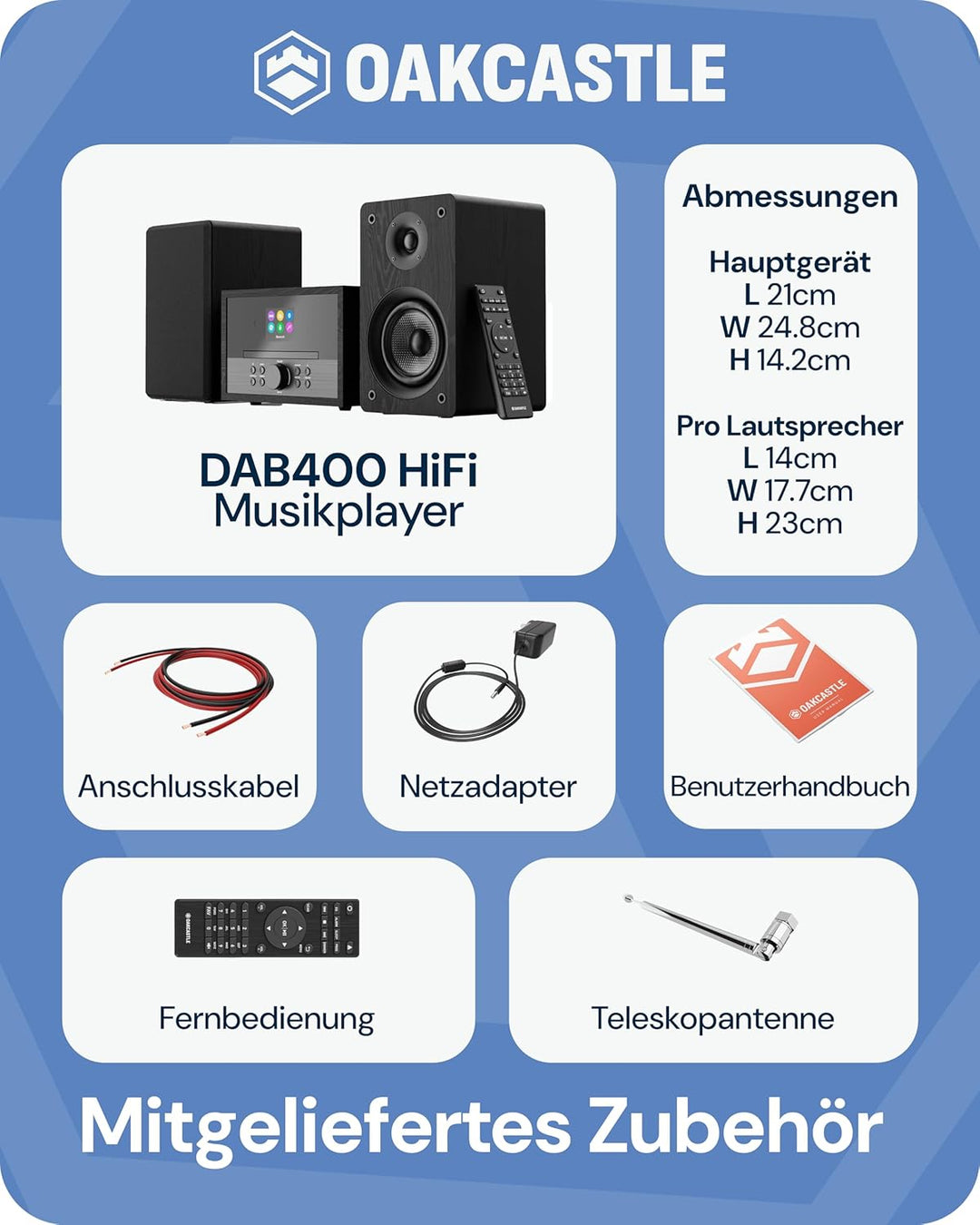 OAKCASTLE DAB400 HiFi DAB Radio mit CD Player | 60W 2.0 Stereoanlage | UKW Radio HiFi Anlage mit Blu