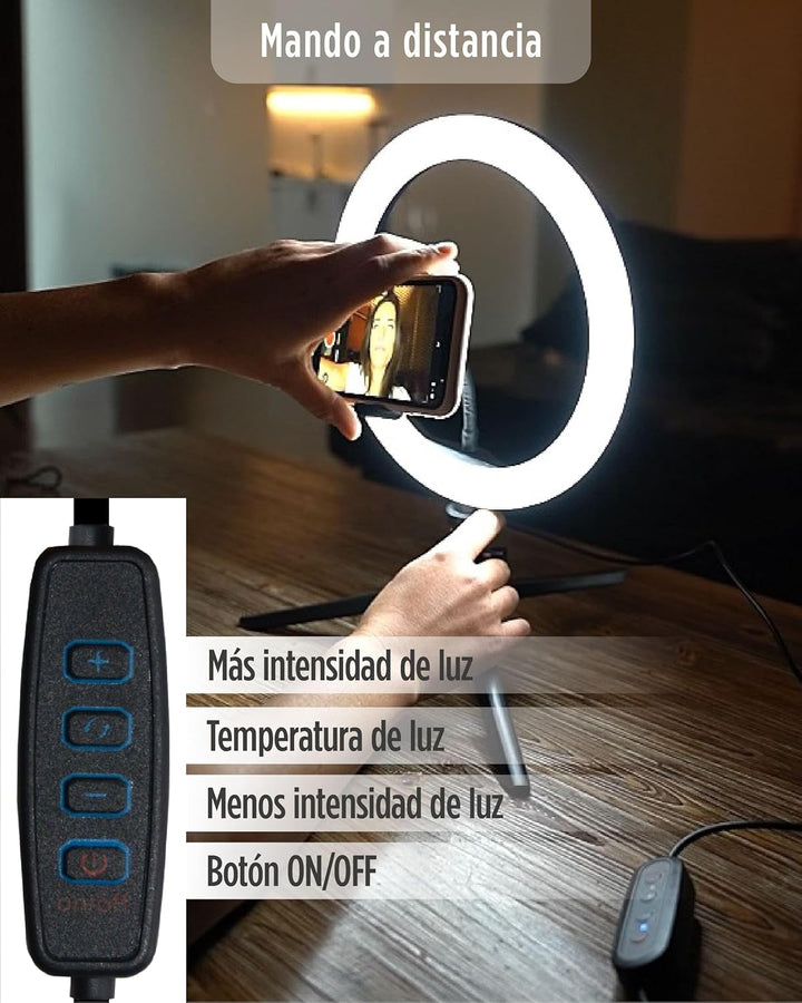KSIX Dimmbare Tischstativ Lichtring LED Ring Licht für Handy, 3 Lichttemperaturen und 10 Helligkeits