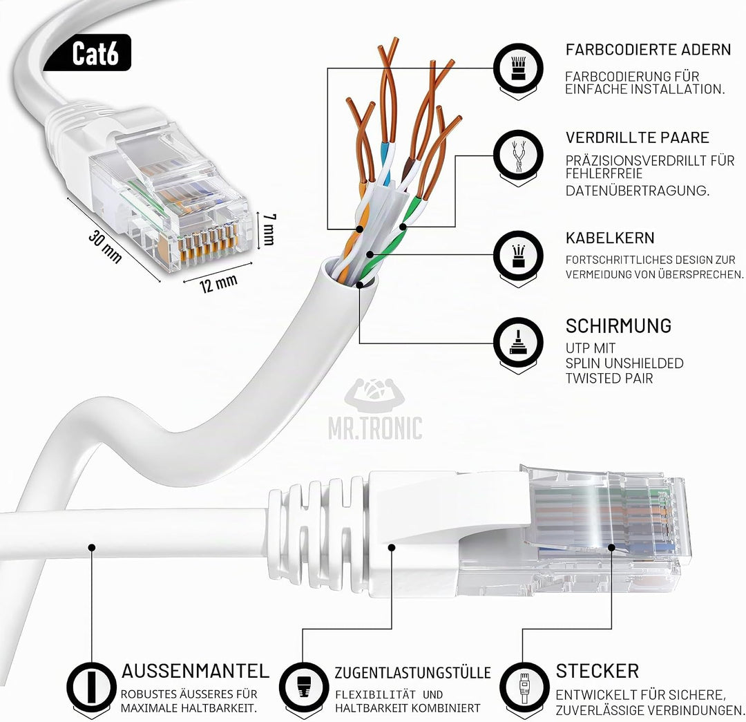 Mr. Tronic 100m Ethernet Netzwerk Netzwerkkabel | Patchkabel | CAT6, CCA, UTP | RJ45 Stecker | LAN K