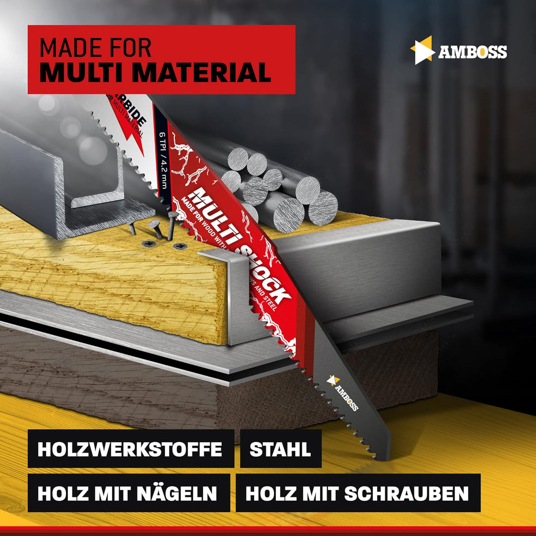 AMBOSS MULTI SHOCK - 3x Säbelsägeblatt Länge 150 mm / 6 ZpZ - ideal für Holz mit Nägeln und Holz mit