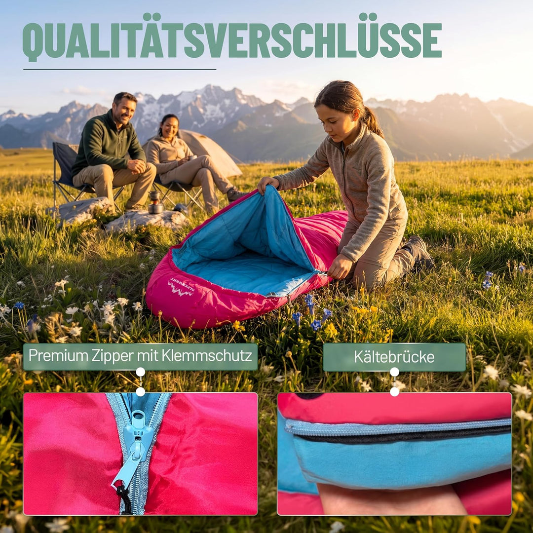 ALPENWERT® Kinderschlafsack Sommer – wächst mit! [130–170cm] – Nur 920g, Kompakt [32×19cm] – Perfekt