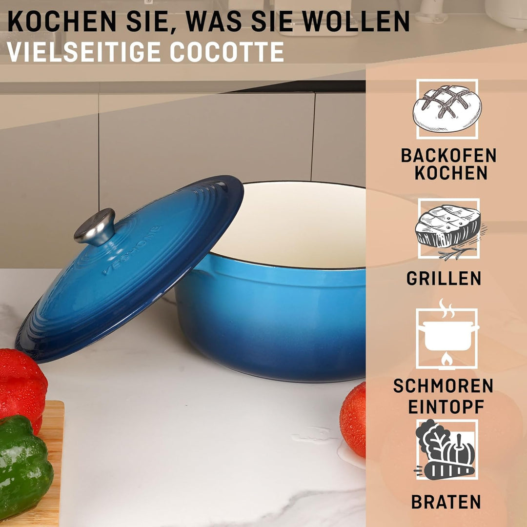 VeoHome Gusseisentopf 6L | Bräter | Gusseisen Topf Blau - Schmortopf |Bratentopf | Bratpfanne | Koch