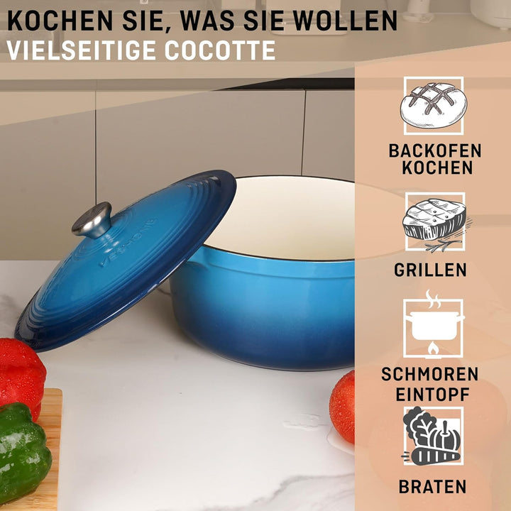VeoHome Gusseisentopf 6L | Bräter | Gusseisen Topf Blau - Schmortopf |Bratentopf | Bratpfanne | Koch