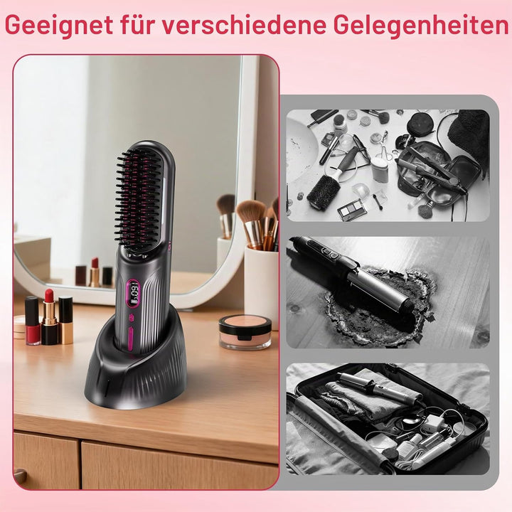 Heizbürste, kabellose Glättungsbürste, 12 Temperaturstufen (120–230 °C), Glätteisen mit Negativ-Ione