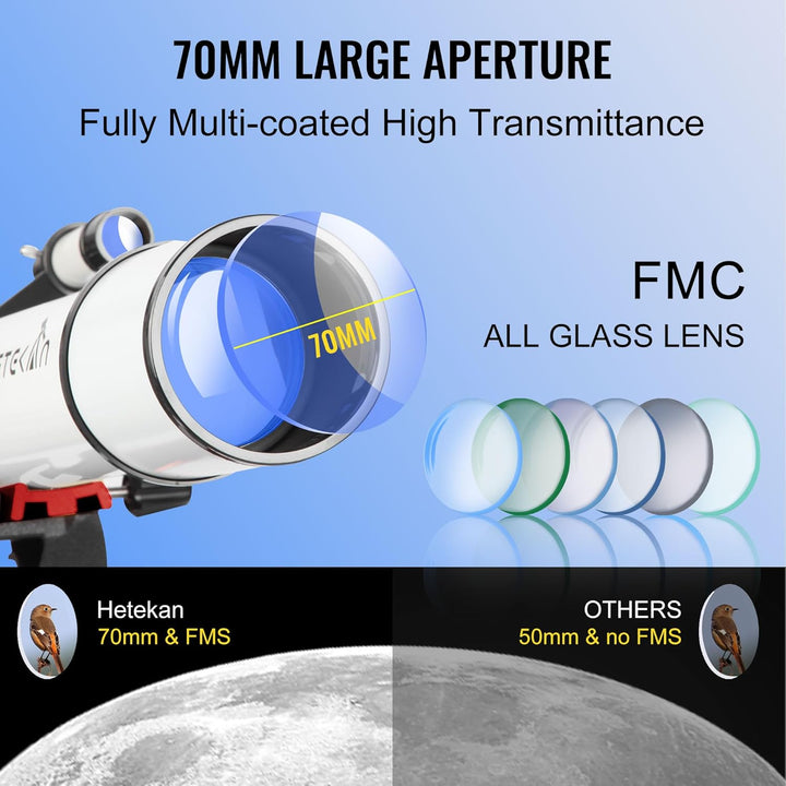HETEKAN Teleskop, Teleskope Astronomie für Erwachsene,70 mm Öffnung und 700 mm Brennweite (28x-210x)