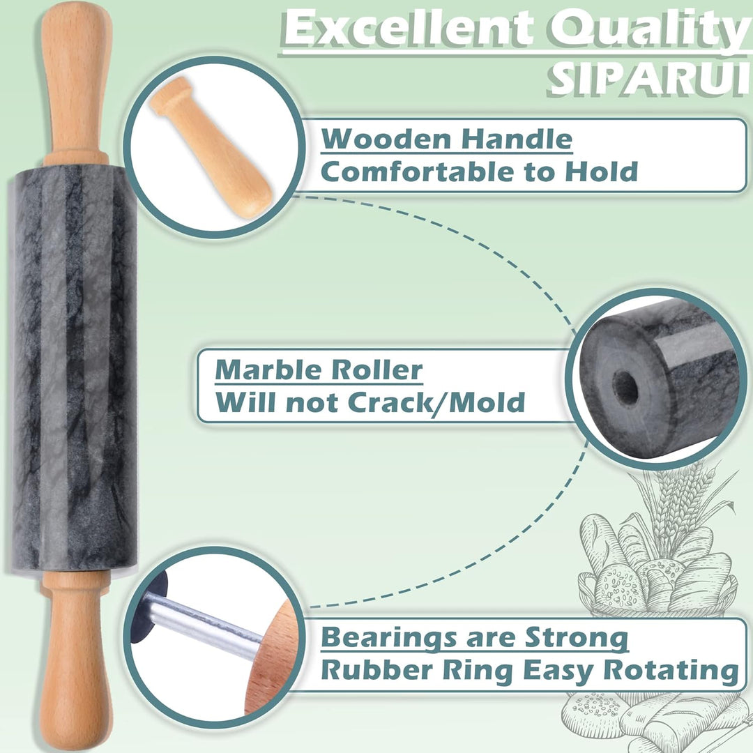 Marmor-Nudelholz mit Holzwiege, dicker Griff, Set zum Backen, 47 cm, hochwertige polierte Walze für