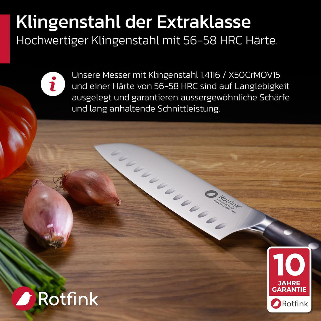 Santoku Messer 18 cm, Profi Küchenmesser scharf, Kochmesser, Fleischmesser, Edelstahl 56-58 HRC, erg