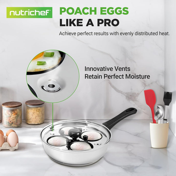 NutriChef Eier Pochierer Edelstahl 20 cm– Eierkocher Für 4 Eier, Pochierte Eier Form, Induktionsgeei