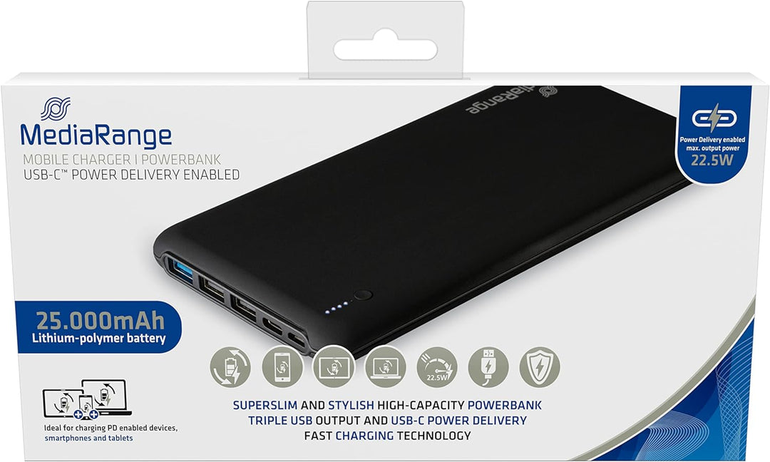 MediaRange Mobiles Ladegerät I Powerbank 25.000mAh, 3x USB-A und 1x USB-C®, unterstützt USB-C® Power