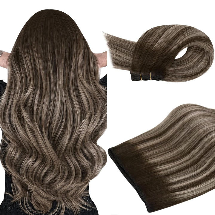 Ugeat Weft Extensions Echthaar Aschblond Balayage Tressen Extensions Echthaar Ombre Bunkelbraun Echt