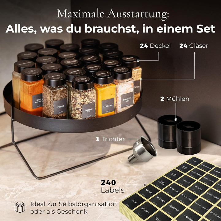 KITCHI Gewürzgläser 24er Set mit 2 Mühlen – schwarze Deckel Schwarz + 2 Mühlen, Schwarz + 2 Mühlen